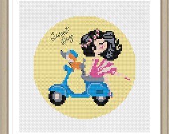 Moto Cross Stitch Pattern, Girl on moto, Motor scooter,Sweet Day stitch, PDF instructions, Instant Download