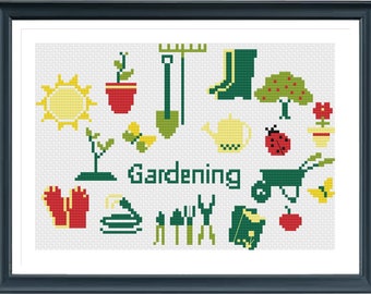 Gardening Cross Stitch Pattern, Nature Cross stitch, Garden tools cross stitch, Modern Cross Stitch, PDF, Instant Download