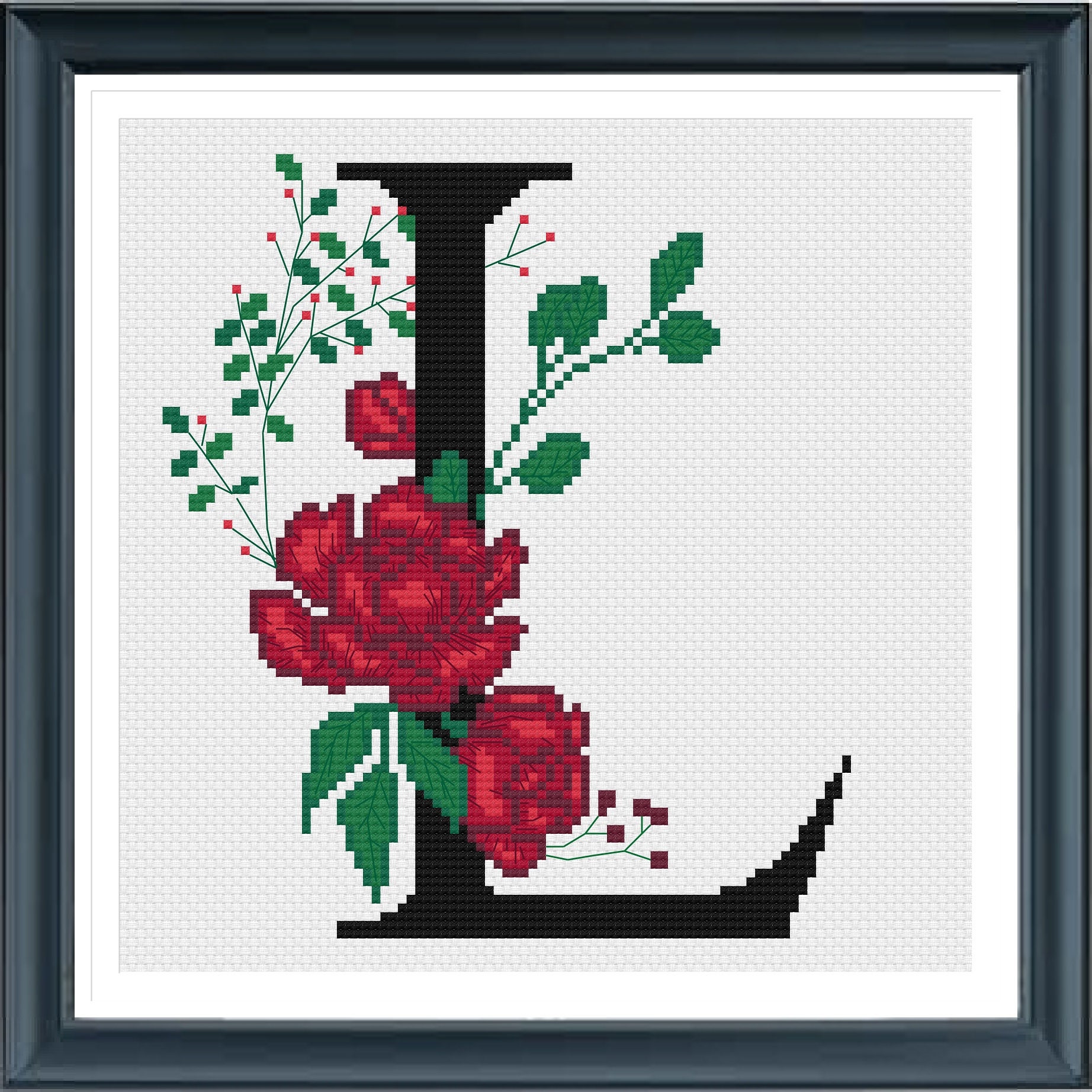 Botanical Monogram Letter Cross Stitch Pattern, Rose Flower