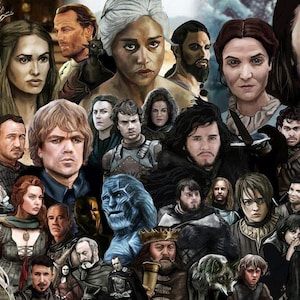 May include: A collage of characters from the popular television series Game of Thrones. The image features a variety of characters, including Daenerys Targaryen, Jon Snow, Tyrion Lannister, and Cersei Lannister.