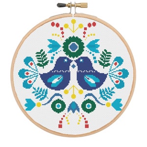 Scandinavian folk cross stitch pattern, Blue bird Cross Stitch Pattern, floral folk cross stitch pattern, Pdf instructions, Instant Download