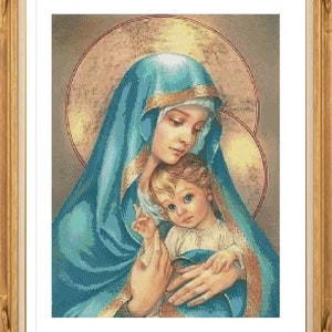 May include: A painting of the Virgin Mary holding a baby Jesus. Mary is wearing a blue robe and a gold crown. Jesus is wearing a white robe. The painting is set against a gold background.