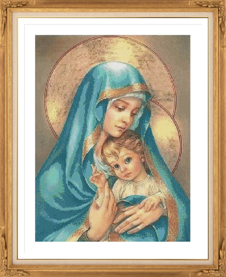 May include: A painting of the Virgin Mary holding a baby Jesus. Mary is wearing a blue robe and a gold crown. Jesus is wearing a white robe. The painting is set against a gold background.