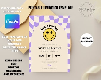 Editable Smiley Face Birthday Invitation: Teen Party (Digital Download)