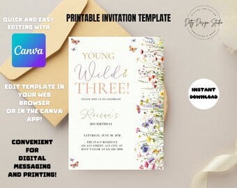 Wild and Three Birthday Invitation: Editable Wildflower Party (Digital Download)