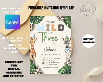 Wild and Three Birthday Invitation: Safari Animals, Floral (Digital Download)