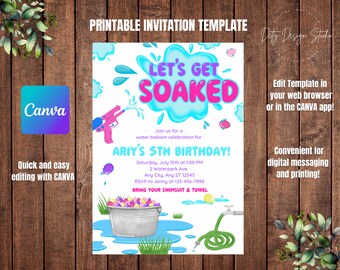 Water Party Birthday Invitation: Editable Canva Template (Digital Download)