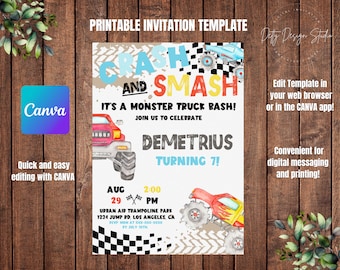 Monster Truck Birthday Invitation | Printable Editable | Digital Download | Edit with Canva | Kids Party