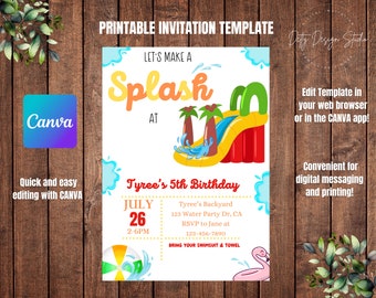 Water Birthday Invitation: Editable Canva Template (Digital Download)