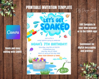 Water Balloon Squirt Gun Birthday Party Invitation, Editable Birthday Invitation, CANVA Template, instant Printable Personalized Invitation