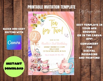 Tea For Two Birthday Invitation: Editable Canva Template (Digital Download)