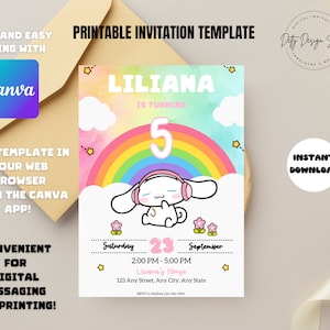 May include: Printable invitation template for a 5th birthday party featuring a rainbow, clouds, and a cute cartoon bunny wearing headphones. The invitation is decorated with pink, blue, yellow, and green colours. The text on the invitation reads "Liliana is turning 5".