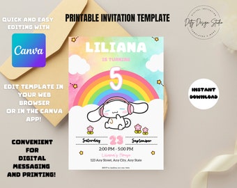 Kawaii Cinna Bunny Editable Kitty Birthday Invitation, Girls Birthday Party Invite, Digital Download