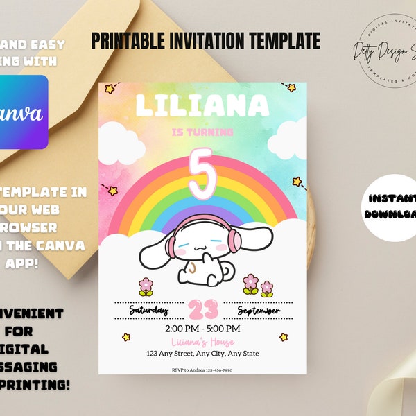 Kawaii Cinna Bunny Editable Kitty Birthday Invitation, Girls Birthday Party Invite, Digital Download