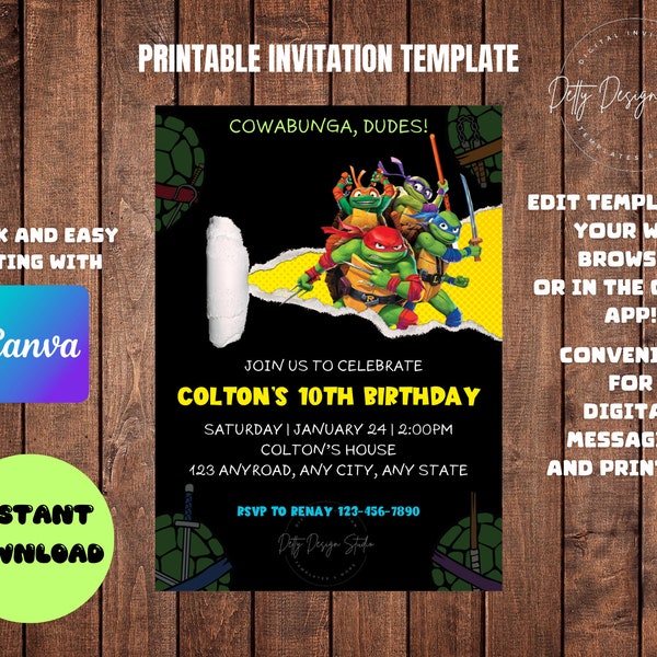 Faire-part d'anniversaire modifiable tortues, faire-part d'anniversaire modifiable, CANVA