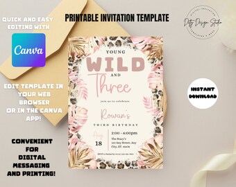 Wild and Three Birthday Invitation: Editable Wildflower Party (Digital Download)