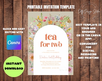 Tea For Two Birthday Invitation: Floral Canva Template (Digital Download)