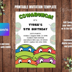 Turtles Invitations, Editable Birthday Invitation, CANVA Template, evite card, Printable Personalized Invitation