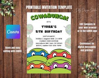 Turtles Invitations, Editable Birthday Invitation, CANVA Template, evite card, Printable Personalized Invitation