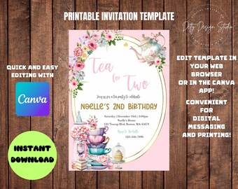 Tea For Two Birthday Invitation: Editable Canva Template (Digital Download)