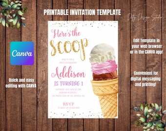 Ice Cream Invitation, Ice Cream Invite, Ice Cream Birthday Invitation, Printable Editable, Digital Download, Edit with Canva