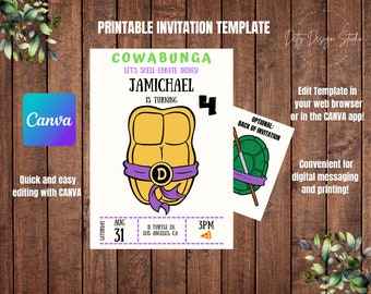 Turtles Birthday Party Invitation, Editable Birthday Invitation, CANVA Template, Printable Personalized Invitati