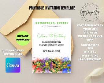 Turtles Birthday Party Invitation, Editable Invitation, CANVA Template, Printable Personalized Invitation