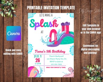 Waterslide Birthday Invitation: Girl Water Party, CANVA Template (Digital Download)