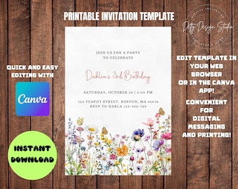 Floral Birthday Party Invitation: Editable CANVA Template (Digital Download)