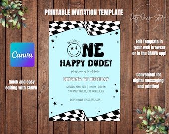 One Happy Dude Birthday Invitation: First Birthday, CANVA Template (Digital Download)