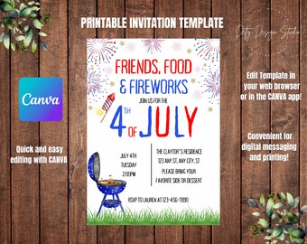 The Fourth of July Party Invitation, Editable 4th ofJuly Invitation, CANVA Template, Printable Personalized Invitation