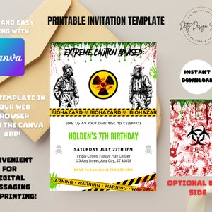 May include: A green and black printable invitation template for a 7th birthday party with a biohazard theme. The front of the invitation features a cartoon image of two people in hazmat suits with a biohazard symbol. The back of the invitation features a red and green biohazard symbol with blood splatters.