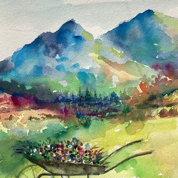 Home - Colorful Watercolor Print Of Mountains & Wheelbarrow