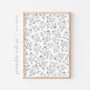 printable hand painted chamomile wall art | flower painting pattern (graphite). botanical digital download. floral drawing on gouache