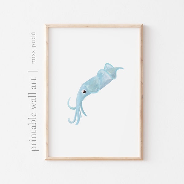 PRINTABLE aquamarine squid illustration |  under the sea poster. original digital download. cozy animal decor. ocean nursery wall art