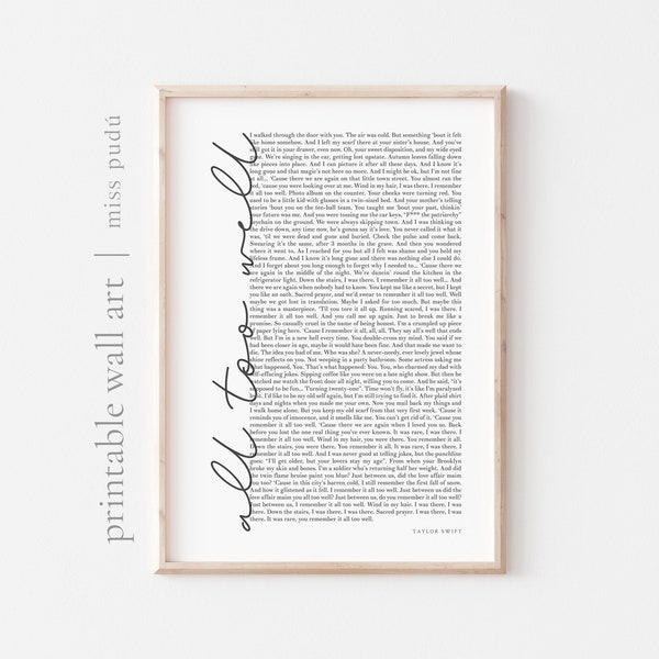 Trop bien (version de Red Taylor - 10 minutes) Poster imprimable | Décoration murale TS. Téléchargement numérique des paroles de Swiftie. Cadeau musique décoration d'intérieur