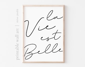 Póster imprimible "La vie est belle" / Descarga digital con cita en francés. Decoración francesa para el hogar. Arte digital inspirador. Arte mural caligráfico.