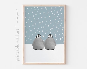Emperor Penguins + Winter Printable Illustration  | Bird Poster Digital Download. Modern Nursery Wall Art Decor. Snow Decoration