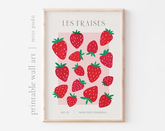 printable les fraises illustration (pink) | hand painted strawberry poster. fruit market Wall Art (Digital Download). marchés fermiers Art