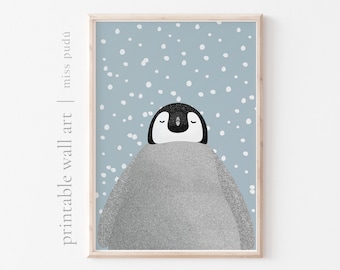 Baby Emperor Penguin + Snow Illustration Digital Download | Bird Printable Poster. Modern Nursery Wall Art Decor. Winter Vibes Decoration