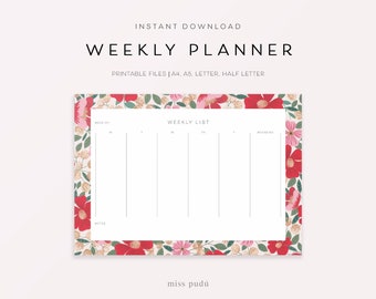 printable botanical weekly planner | floral weekly list. colorful wildflowers illustration digital download. modern cottagecore to do list