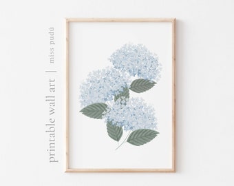 printable blue hydrangea decor | Hortensia illustration (digital download), flower poster. botanical wall art. floral cottagecore inspired