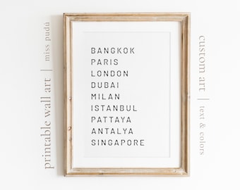 Custom Travel Art Print Digital Download. Personalize Your Cities Printable Wall Art. Airport Destinations Prints Decor. Pick Your Color