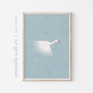 Abstract White Heron Flying Poster Descarga digital / Ilustración de aves imprimibles Arte de pared. Impresión boho Colors. Decoración moderna del hogar Boho