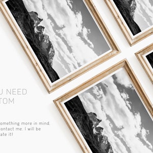 May include: Four framed black and white photographs of a mountain range with clouds in the sky. The frames are a light wood color and are arranged in a cross pattern. The text "DO YOU NEED A CUSTOM SIZE?" is below the frames. The text continues "If you have something more in mind, feel free to contact me. I will be happy to create it!"