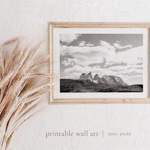 May include: Black and white photograph of a mountain range with a cloudy sky. The photo is framed in a light wood frame and is hanging on a white wall. The photo is accompanied by a bunch of dried wheat stalks.