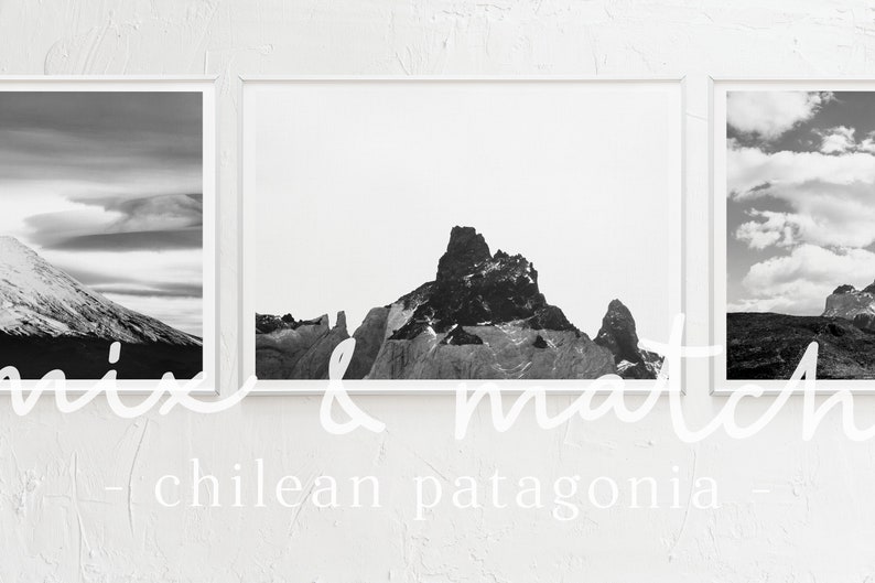 May include: Three black and white photographs of mountains in Chile. The photos are framed in white and are arranged horizontally on a white wall. The text "mix & match - chilean patagonia -" is written below the photos.