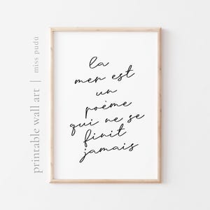 Póster imprimible "La mer est un poème" (descarga digital). Arte mural caligráfico. Océano, mar, decoración costera.