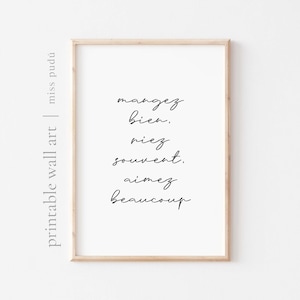 Eat well, laugh often, love abundantly (French) Printable Poster | Quote Digital Download. Calligraphic Wall Art. mangez, riez, aimez