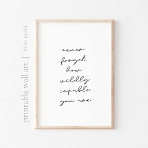 May include: A printable wall art print with the text "never forget how wildly capable you are" in black cursive font on a white background.
